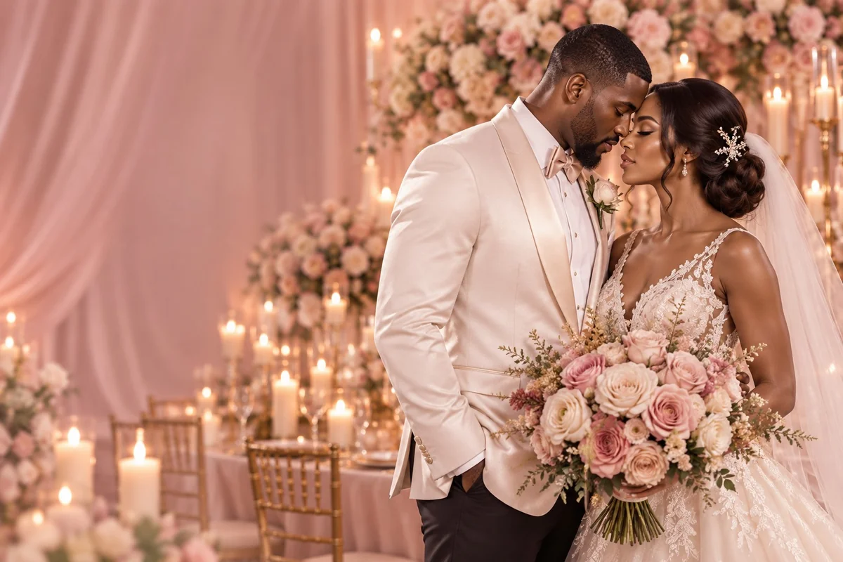 Elegant bride and groom surrounded by blush florals and candlelight