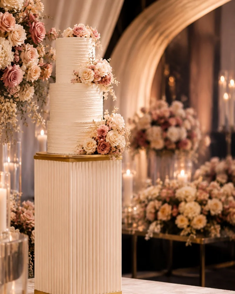 Tiered wedding cake styled with blush flowers and gold details
