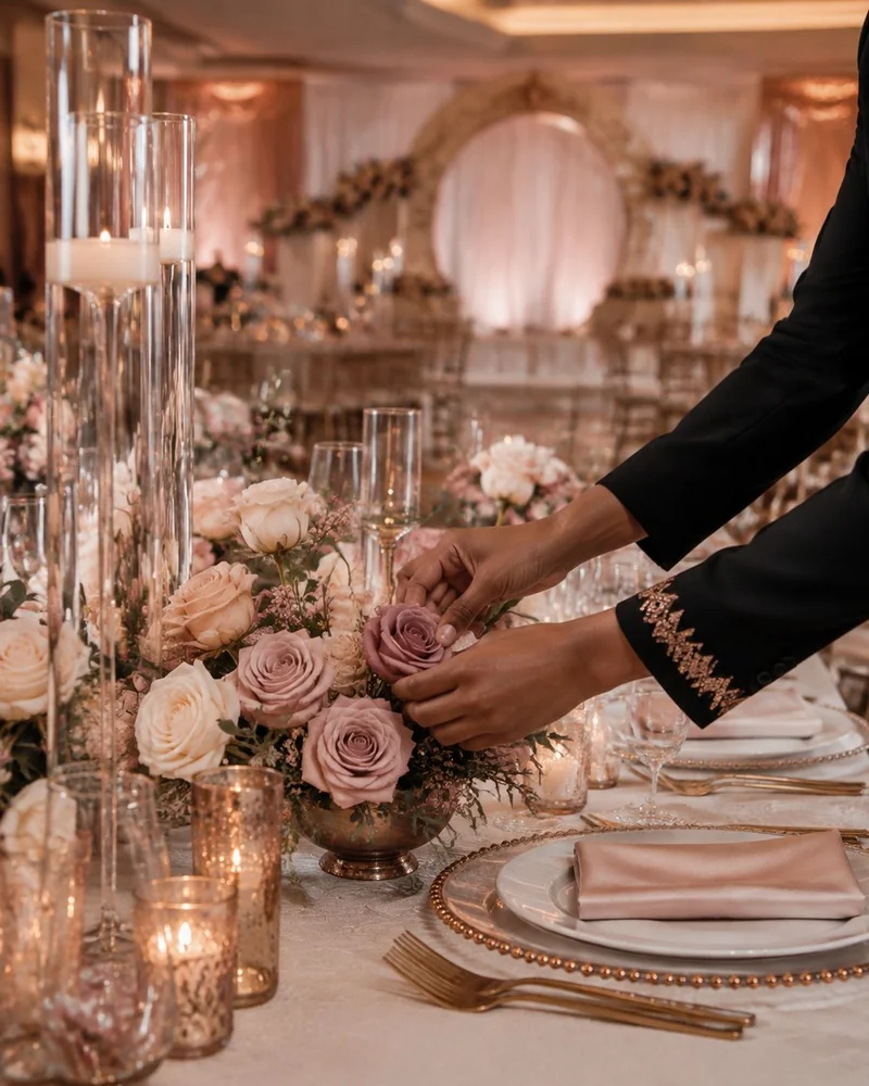 Romantic rose-gold tablescape with candles and blush florals